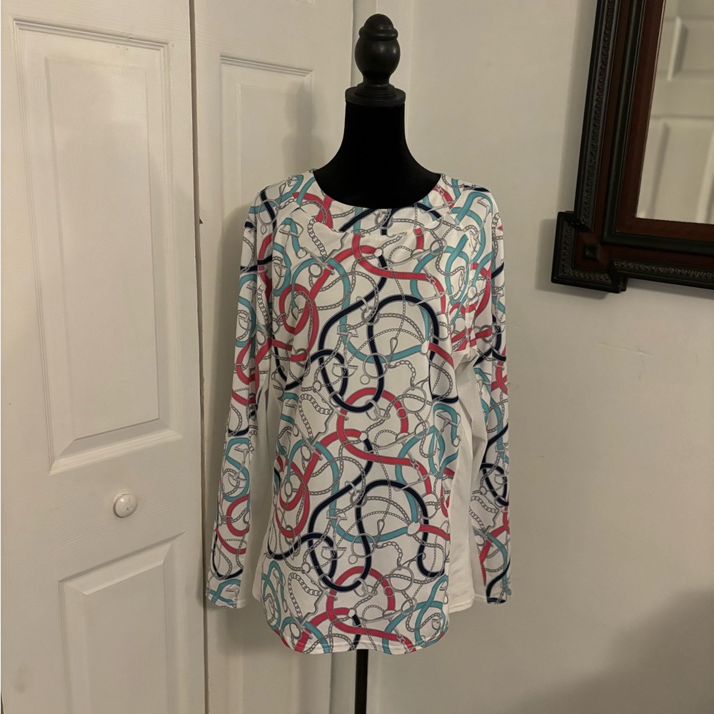 San Soleil Women’s Long Sleeve Top Size XL White/Coral/Blue